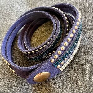 Brown Leather Wrap Around Bracelet With Rhinestones And Studs 15” Long